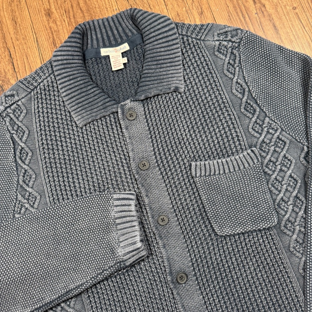 Carbon 2 Cobalt Fisherman Cable Knit Cardigan Sweater Mens L Blue Buttons Chunky